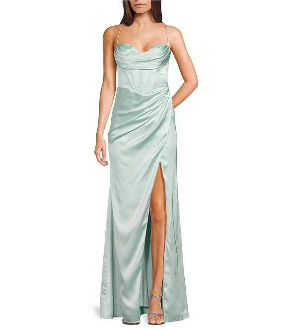 GB Social Corset Cowl Slit Hem Satin Long Dress