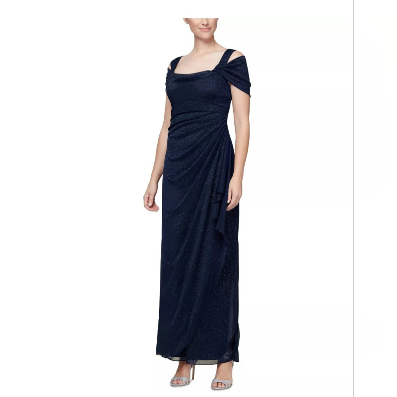Alex Evenings Cold-Shoulder Draped Metallic Gown