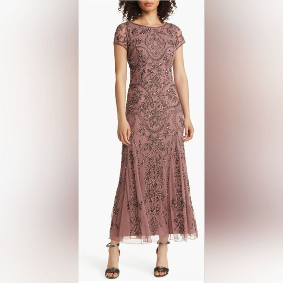 Pisarro Nights Beaded Mesh Midi Cocktail Dress