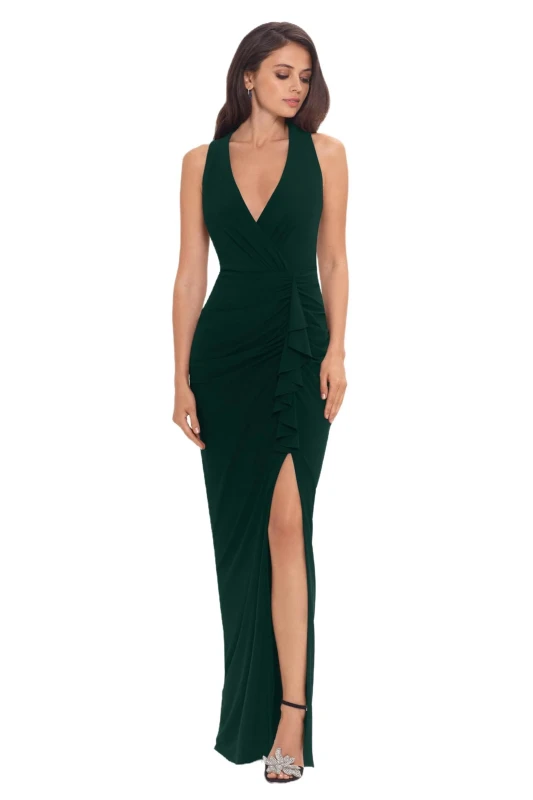 Betsy & Adam Ruffled V Neck Green Gown