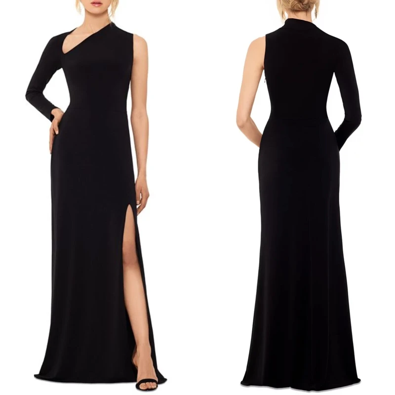 Betsy & Adam Black One Shoulder Single Long Sleeve Gown