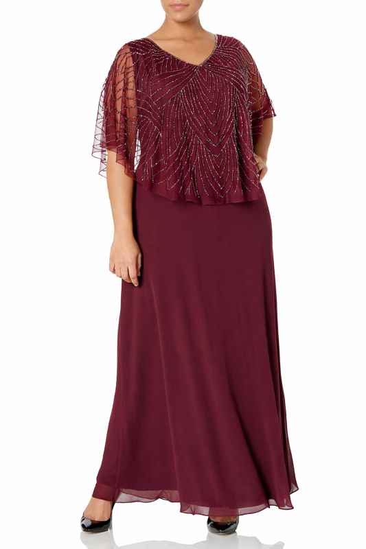 J Kara Women's Plus Size Pop Over Long Beaded Dress